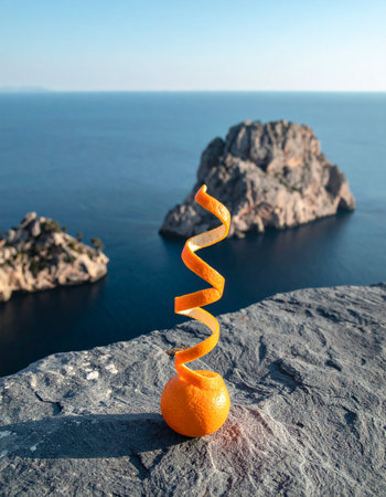 A whimsical spiral of fresh orange peel rises towards the sky, a burst of creative energy against the serene backdrop of a calm sea and rocky coast. This surreal image captures a moment of unexpected magic in nature, blending the concepts of vitality, imagination, and tranquil escape.の素材