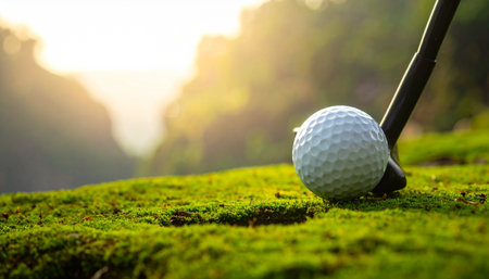 In the quiet stillness of the early morning, a golf iron is perfectly positioned behind the ball on a dew-kissed mossy green. The warm glow of the rising sun signals the start of a perfect day for a game, capturing a moment of focus and anticipation before the swing.の素材