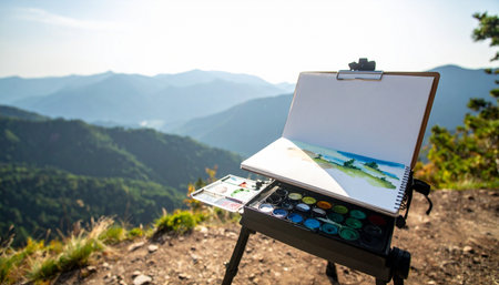 An artists easel is set up on a mountain summit, capturing the breathtaking vista with watercolors. This scene evokes a sense of peaceful solitude, creative passion, and the profound connection between art and the natural world.の素材