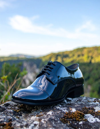A single, polished black dress shoe rests on a rugged rock, overlooking a vast, green valley. This image captures the striking contrast between formal city life and the untamed beauty of nature, symbolizing a moment of escape, success, and finding balance.の素材