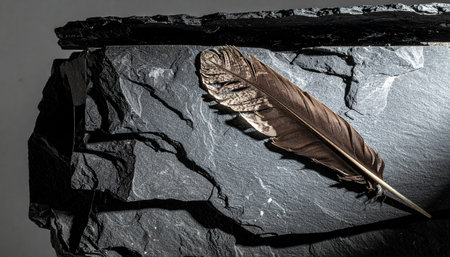 A single, detailed bird feather rests upon a dark, textured slate rock, illuminated by a soft light that casts deep shadows. This somber and elegant still life evokes a sense of quiet contemplation, memory, and the simple, raw beauty of nature.の素材