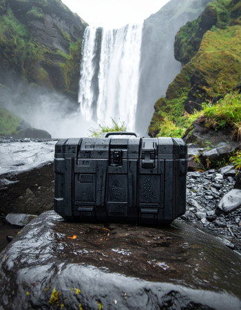 In the heart of a wild, misty landscape, a rugged, waterproof case stands as a testament to durability. It securely protects valuable equipment against the powerful spray of a majestic waterfall, ready for the next stage of an epic adventure.の素材