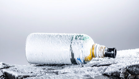 A lone bottle lies frozen solid, encrusted with ice and snow against a bleak, wintry backdrop. This image evokes a sense of extreme cold, survival against the elements, and the quiet desolation of a forgotten expedition in a harsh, unforgiving arctic landscape.の素材