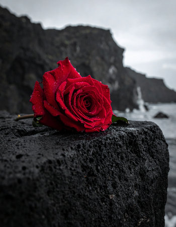 A single, vibrant red rose rests upon a dark, volcanic rock, its passionate color a stark contrast to the somber, desaturated coastline behind it. This poignant scene evokes feelings of love, loss, and dramatic romance against the powerful backdrop of the moody sea.の素材