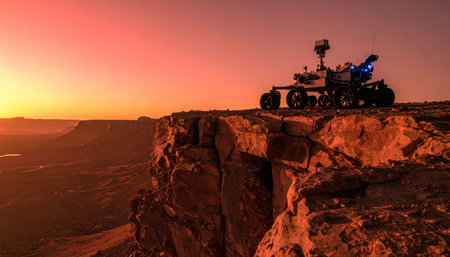 As the sun sets over the vast, alien canyons, a lone robotic explorer pauses at the edge of a cliff. It surveys the new frontier, a symbol of human curiosity and the relentless pursuit of knowledge in the silent, beautiful expanse of another world.の素材