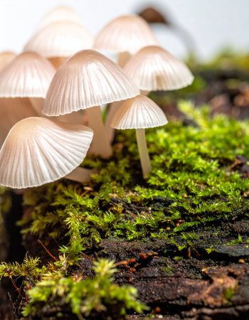 A tiny world unfolds as a cluster of delicate bonnet mushrooms emerges from a bed of vibrant green moss on a decaying log. This macro view captures the intricate details and serene beauty of the forest floor, evoking a sense of magic and the quiet cycles of nature.の素材