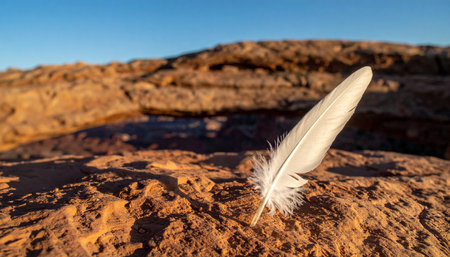 A single, delicate white feather stands in stark contrast to the rugged, sun-warmed red rock of a desert landscape. Bathed in the golden light of dawn or dusk, this simple scene evokes a sense of peace, solitude, and the gentle beauty found in natures details.の素材