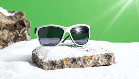 A pair of modern, white-framed sunglasses rests on a snow-dusted stone, ready for any adventure. The brilliant sun glare reflects off the dark lenses, highlighting their protective quality against harsh light, making them the perfect accessory for both a sunny ski slope and a bright summer day. The green screen background offers endless possibilities for creative advertising.の素材