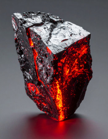 A rare, unrefined mineral pulses with an inner fire, suggesting immense power and untapped energy. It could be a source of elemental magic, a piece of a planets core, or a futuristic power source, radiating heat and mystery.の素材