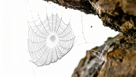 A masterpiece of natural engineering revealed by the morning light. Each delicate silk thread of this circular spiderweb is adorned with glistening dewdrops, creating a beautiful and intricate pattern against a bright, clean background.の素材