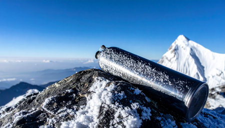 A frost-covered thermos rests on a rocky, snow-dusted summit, a silent testament to a challenging climb. In the background, majestic peaks rise against a clear blue sky, symbolizing the achievement and solitude found at the top of the world.の素材