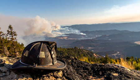 A moment of pause in a relentless battle. A firefighters helmet rests on scorched earth, a silent testament to the bravery and sacrifice required to face the immense power of a wildfire raging through the mountain landscape. It symbolizes the human element against a vast natural disaster.の素材