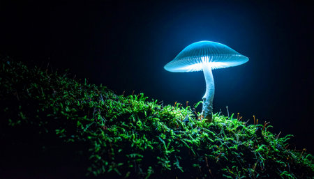 In the deep, silent darkness of an enchanted forest, a single bioluminescent mushroom casts an ethereal blue glow. Its magical light illuminates the lush green moss it grows upon, creating a scene of natural wonder and serene mystery.の素材