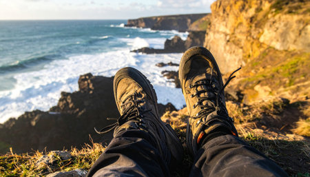 From a first-person perspective, a hiker takes a well-deserved break, stretching out their legs in sturdy boots. They sit on the edge of a rugged cliff, watching the powerful ocean waves crash against the shore below. A moment of peaceful contemplation amidst a grand coastal adventure.の素材