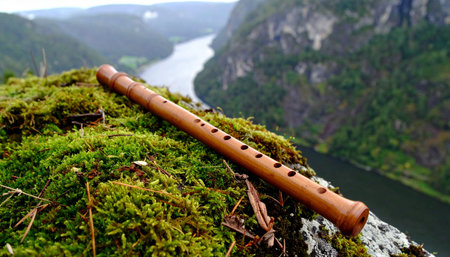 A traditional wooden flute rests on a moss-covered cliff, its silent melody echoing the serene beauty of the vast Norwegian fjord below. A moment of peace, connecting ancient music with timeless nature.の素材