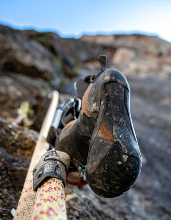 From a climbers perspective, a well-worn cam is securely placed in a granite crack, a crucial anchor on the vertical journey upwards. This close-up shot captures the trust in equipment and the focused determination required to ascend, symbolizing challenge, risk, and the rewarding grit of outdoor adventure.の素材