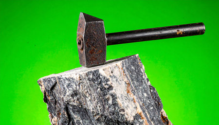A heavy geologists hammer rests atop a raw mineral specimen, a moment of pause before the powerful strike that will reveal the stones inner secrets. Isolated on a vibrant green screen, this image symbolizes discovery, raw power, and the industrial process of extraction and analysis.の素材