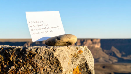 A handwritten note, held in place by a smooth stone, rests on a rugged ledge overlooking a vast canyon at sunset. The message, a secret left to the wilderness, evokes a sense of mystery, farewell, and quiet contemplation in the immense, peaceful landscape.の素材