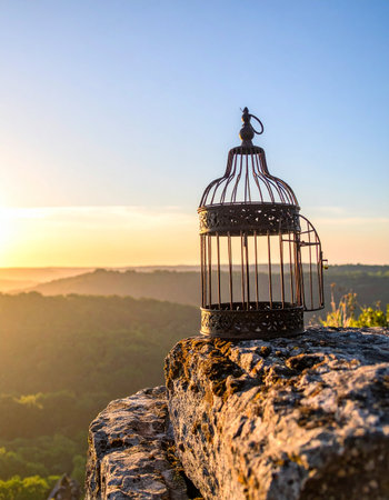 An empty birdcage with its door wide open sits on a rocky cliff, silhouetted against a beautiful sunrise over a vast mountain landscape. This powerful image symbolizes freedom, release, new beginnings, and the endless possibilities that come with letting go of the past.の素材