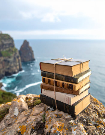A stack of classic, twine-bound books rests on a rugged cliff, overlooking a vast and inspiring ocean. This scene evokes a sense of literary escapism, where tales of adventure and discovery meet the tranquil and powerful beauty of the natural world. Its a perfect metaphor for the journey of learning and the endless possibilities found within the pages of a good book.の素材