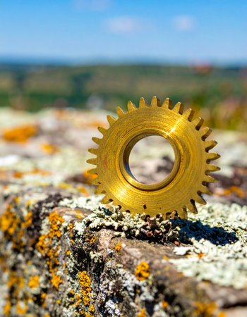 A single golden gear, a relic of industry and progress, rests peacefully on a lichen-covered rock. This image captures the beautiful and unexpected harmony between the mechanical and the natural world, suggesting themes of time, discovery, and the integration of technology with the environment.の素材