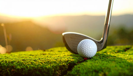 A golf club is poised for the perfect shot as the sun sets, casting a warm, golden glow over the scene. The ball rests on a unique tee of vibrant green moss, blending the precision of the sport with the serene beauty of nature, symbolizing focus, ambition, and a harmonious approach to the game.の素材