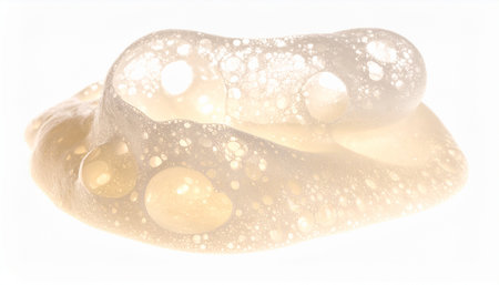 A delicate dollop of airy cleansing foam, captured in a macro shot that reveals its intricate bubble structure. Isolated on a pure white background, this image evokes a sense of gentle purity, perfect for beauty, skincare, and hygiene concepts.の素材