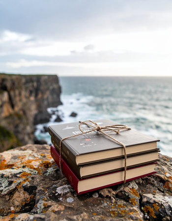A stack of classic novels, tied with twine and topped with reading glasses, rests on a rugged cliff edge. The ocean waves crash below, providing a dramatic soundtrack for a moment of quiet contemplation and intellectual escape into natures grandeur.の素材