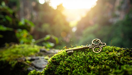 An old, ornate key rests upon a bed of vibrant green moss in an enchanted forest. Bathed in the warm glow of a golden sunrise, it represents a hidden secret, a new opportunity, or the beginning of a magical adventure waiting to be unlocked.の素材