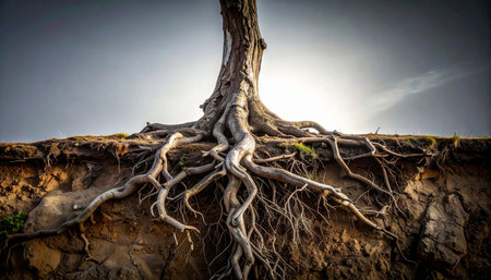 A low-angle view reveals the powerful and intricate network of tree roots gripping the earth. This image captures the hidden foundation of life, symbolizing strength, stability, deep connections, and the resilient power of nature that thrives beneath the surface.の素材