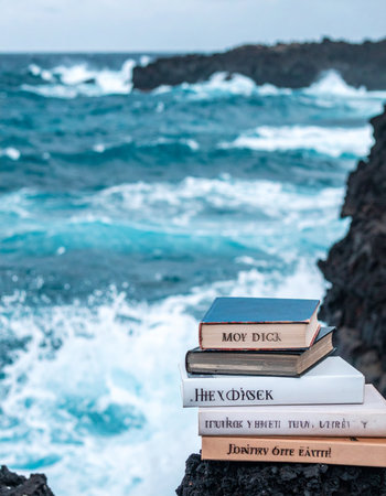 A stack of books rests on the edge of a rugged cliff, offering a quiet escape into stories and knowledge against the backdrop of powerful, crashing ocean waves. This image symbolizes the profound adventures found in literature and the tranquil solitude of reading in nature.の素材