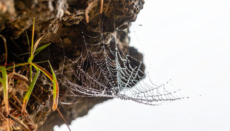 A delicate spiderweb, a masterpiece of natural engineering, clings to a rocky outcrop. Each silken thread is adorned with glistening morning dew, catching the first light and revealing its intricate, complex pattern against a bright, soft-focus background. A symbol of patience, precision, and the quiet beauty found in natures details.の素材