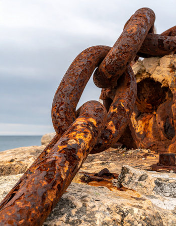 A massive, rust-covered chain rests on a weathered stone pier, a silent testament to its former strength and endurance. Each link tells a story of battles with the sea and the relentless passage of time, symbolizing connection, history, and resilience against the elements.の素材