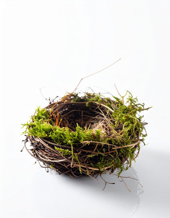 A beautifully crafted birds nest, woven from twigs and soft green moss, sits empty against a clean white background. This image symbolizes home, safety, and new beginnings, representing concepts like investment, family, and the promise of the future.の素材