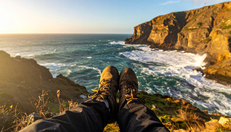 From a first-person perspective, a hiker relaxes with their boots propped up, enjoying a breathtaking view of the ocean crashing against rugged cliffs during a golden sunset. This image captures a moment of peace, freedom, and the rewarding feeling of adventure.の素材