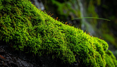 A detailed macro photograph capturing the vibrant, lush texture of green moss as it blankets a tree branch in a serene forest. The soft, natural light highlights the intricate details and rich colors, evoking a sense of tranquility, growth, and the quiet beauty of the natural world.の素材