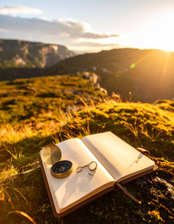 At the break of dawn, a travelers journal and compass lie open on a mossy clifftop, bathed in the warm glow of the rising sun. A moment of quiet reflection and planning before the days adventure begins in the vast mountain landscape ahead.の素材