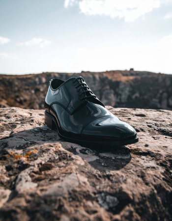 A single, polished black dress shoe rests incongruously on a rugged, rocky landscape under a vast sky. This conceptual image evokes themes of a journey interrupted, the contrast between the corporate world and nature, or the start of an unconventional path.の素材