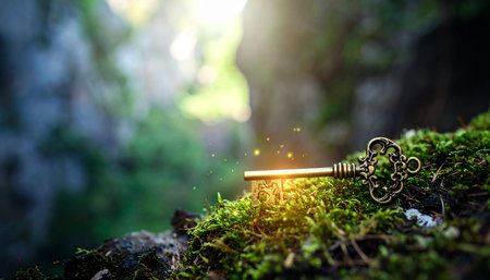 In the heart of a sun-dappled, enchanted forest, a glowing vintage key rests upon a bed of soft moss. It represents a hidden secret, a lost treasure, or the solution to a profound mystery, waiting to be discovered by an adventurer.の素材