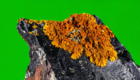 A close-up view of vibrant orange lichen colonizing the dark, textured surface of a geological specimen. This image captures the resilient and symbiotic relationship of life thriving in harsh conditions, isolated against a bright green screen for easy compositing. It evokes themes of survival, adaptation, and the slow, persistent progress of nature.の素材