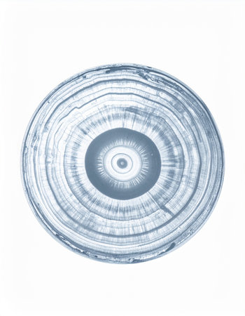 A detailed microscopic view reveals the intricate, layered history of a fish scale. Each concentric ring tells a story of growth and time, creating a beautiful and complex natural pattern isolated on a white background. This abstract image is perfect for scientific, biological, or data visualization concepts.の素材