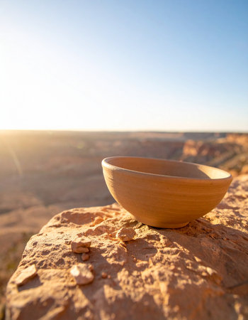 As the first rays of dawn illuminate a vast canyon, a simple, handmade clay bowl rests on a sandstone ledge. This quiet still life evokes a sense of peace, ancient tradition, and a mindful connection to the natural world, offering a moment of serene contemplation.の素材
