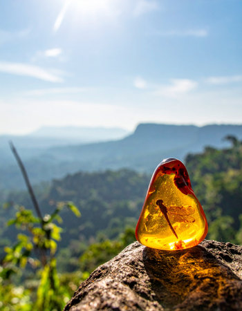 A perfectly preserved prehistoric insect is frozen in time within a glowing piece of amber. Backlit by the sun, this ancient treasure rests on a rock overlooking a vast, misty mountain landscape, connecting a distant past with the beauty of the present.の素材