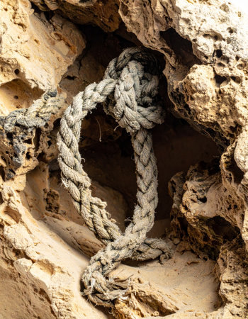 An old, thick rope with a sturdy knot is found wedged deep within a crevice of a weathered rock face. Forgotten by time, it hints at a story of past struggles, hidden secrets, or a long-lost connection, symbolizing resilience and enduring strength.の素材