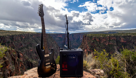 An electric guitar, amplifier, and microphone are set up on the edge of a vast, dramatic canyon, ready for a performance in natures grandest amphitheater. This image captures the spirit of creative freedom, adventure, and the powerful fusion of rock music with the raw beauty of the wilderness.の素材