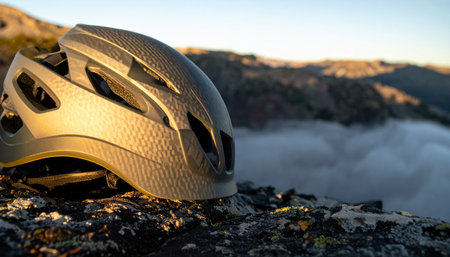 A high-performance cycling helmet rests on a rocky summit, bathed in the warm light of a new day. Below, a sea of clouds fills the valley, symbolizing the peak of achievement and the start of an epic adventure.の素材