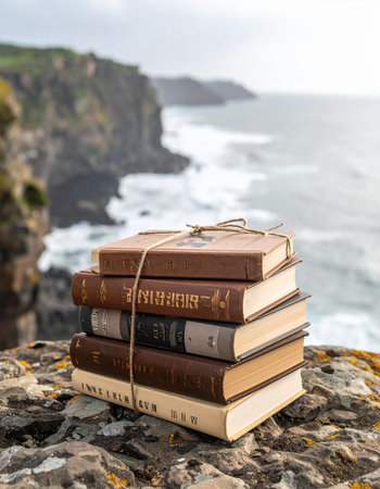 A stack of classic, vintage books tied with twine rests on a rugged cliff, with a pair of reading glasses on top. In the background, the vast ocean stretches out, its waves crashing against the dramatic coastline. This scene evokes a sense of peaceful solitude, intellectual escape, and the timeless adventure found within the pages of a good book.の素材