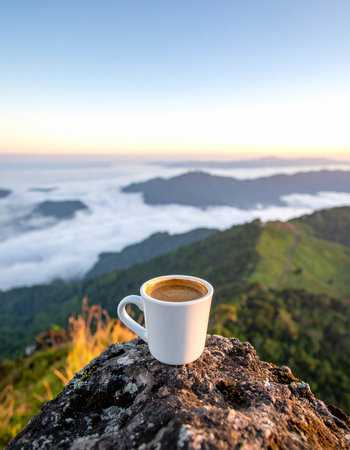 Start your day with a moment of pure tranquility. A warm cup of coffee sits on a rugged mountain peak, overlooking a breathtaking sea of clouds as the sun rises. This image captures the essence of adventure, peace, and the perfect morning escape.の素材
