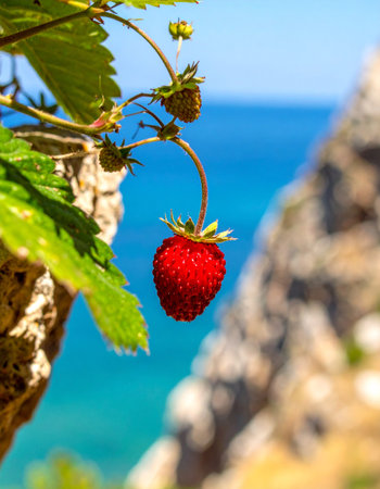 A single, perfect wild strawberry ripens in the bright summer sun, hanging delicately with a stunning, soft-focus view of the blue ocean and rocky coastline in the background. This image captures a moment of simple, natural pleasure and the beauty of a coastal escape.の素材