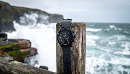 A symbol of resilience and precision, this rugged black watch stands firm against the raw power of a stormy ocean. Set against a backdrop of crashing waves and dramatic cliffs, it represents adventure, durability, and the enduring nature of time in the face of the wild.の素材